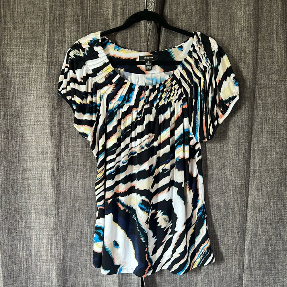 Style & co colorful puff sleeve blouse with pleated neckline size XL